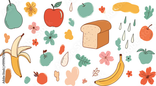 Fruits and bread vector set featuring apples, banana, pear and bakery loaf with floral elements, colorful food illustration collection