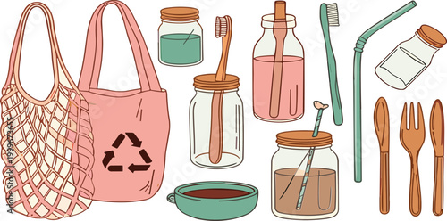 Zero waste lifestyle vector set featuring reusable bags, glass jars, bamboo toothbrush and eco friendly kitchen items, sustainable living illustration collection