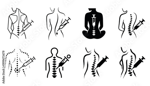 Spine Injection Therapy Medical Silhouette Set Editable Vector
