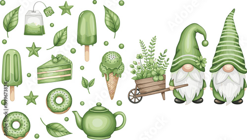 Green tea dessert and garden gnome vector set featuring matcha sweets, teapot, leaves and cute gnomes, aesthetic illustration collection for cozy design