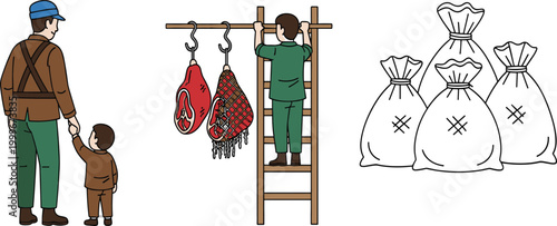 Butcher shop and meat processing vector set featuring hanging cuts, worker on ladder, sacks and family scene, traditional food production illustration collection