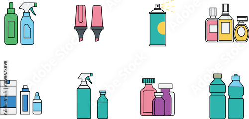 Household and cosmetic bottles vector set featuring cleaning sprays, containers, markers and packaging, minimal flat illustration collection for product and hygiene design
