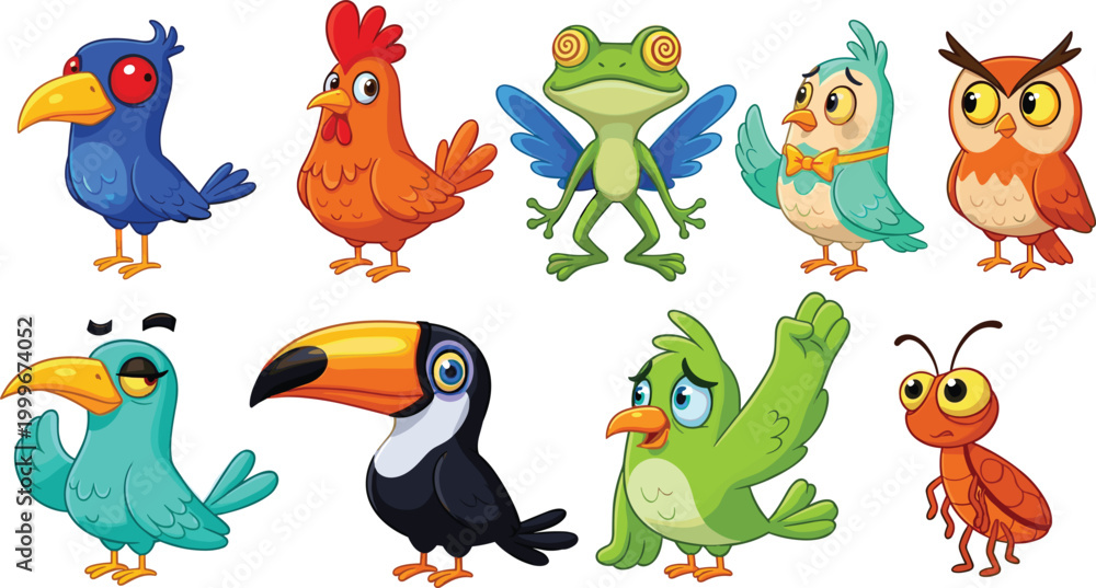 Obraz premium Cartoon bird characters vector set featuring colorful parrots, owl, toucan, chicken and funny insect, cute animal mascot illustration collection for kids design