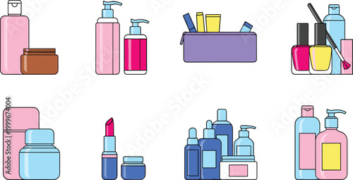 Cosmetic products vector set featuring skincare bottles, makeup items, nail polish and beauty packaging, colorful flat illustration collection for branding and personal care design