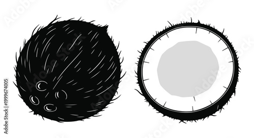 Minimalist Coconut Icon Silhouette - Whole and Half Fruit Isolated on White Background