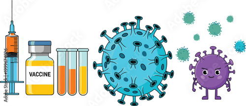 Vaccine and virus vector illustration set featuring syringe, medical vials, test tubes and cartoon microbes, healthcare immunization concept for science and medicine design