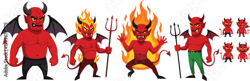 Devil cartoon characters vector set featuring red demons with horns, wings, trident and fire, Halloween fantasy illustration collection with different poses and expressions