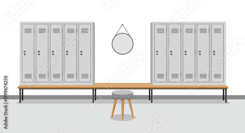 Two symmetrical rows of gray metal lockers are installed on a wooden bench with a round wall mirror and a small stool in a clean modern locker room environment.