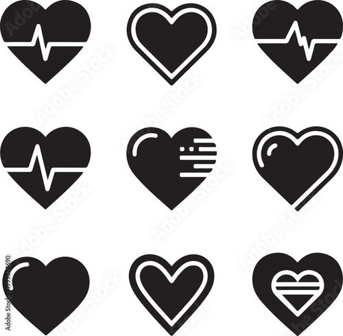 Set of red and pink vector heart icons for love romance valentine design illustration decorative pattern elements