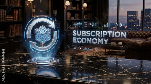 Holographic cube with recycling arrows, representing the subscription economy on a table with a city view