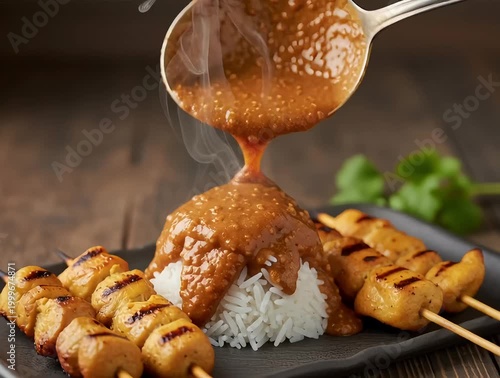 Steaming peanut sauce slowly pouring from the spoon onto the rice and grilled chicken satay, steam gently rising and swirling, sauce flowing and dripping naturally with rich texture