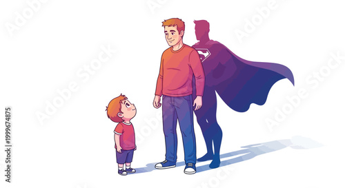 Father stands tall, casting a superhero shadow as his son looks up admiringly.