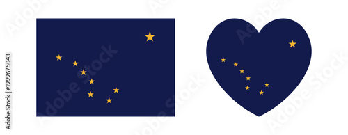 Alaska state flag icon, sticker, badge set. Alaska State heart, rectangle flag button, background. Rectangular, heart flag of Alaska banner.