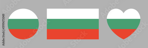 Bulgaria flag badge, sticker in heart, circle, rectangle shape set. Round, rectangular, heart shaped icon, button, banner, background of Bulgarian flag. 