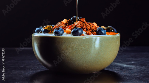 breakfast bowl with yogurt, granola, and fresh blueberries being drizzled with honey
