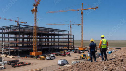 Two construction workers oversee a large building site with steel framework and multiple cranes under clear blue skies.