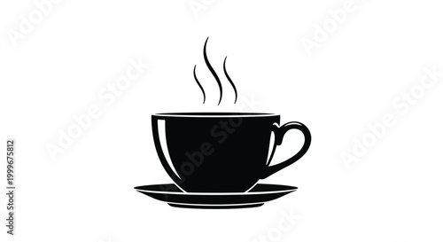 Steaming hot coffee cup on saucer with rising steam, simple black icon on white background for cafe, restaurant or breakfast concept