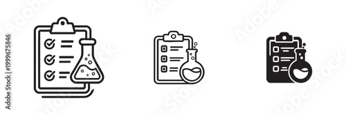 Clipboard with Checklist and Laboratory Flask, Experiment Report, Set Icon Design Vector, Representing Experiment Data and Results Documentation
