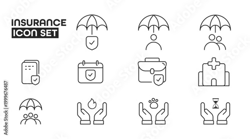 Minimalist Insurance Icon Set Featuring Life, Auto, Home, Health, and Financial Protection Symbols