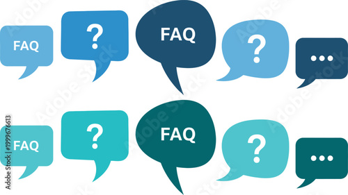 Frequently asked questions blue speech bubbles with question marks and silhouettes