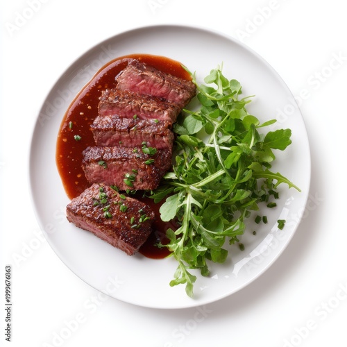 Medium rare meat steak with sauce and fresh herb salad served on plate, isolated on white background, healthy food concept