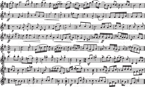 Photos Sheet music complex musical score with intricate notation and rhythmic patterns