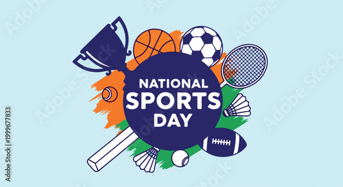 Celebration of National Sports Day with various sports equipment and energetic athletes in vibrant environment