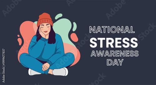 Young woman sitting on a pink armchair with a beanie hat and casual clothes, promoting national stress awareness day
