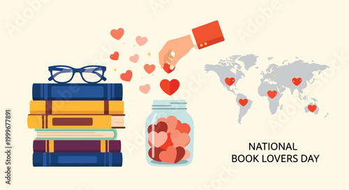 Illustration of a world map with red hearts and a jar of love notes, representing global book lovers and reading passion