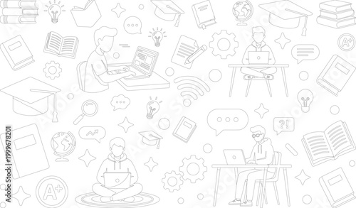 Outline online education illustration with students studying and e learning icons set