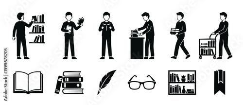 Librarian and Student Reading Icons, Library Bookshelf Collection, Education and Research Symbols, Vector Illustration Set Showing People Studying, Books, Glasses, and Reading Accessories for School D