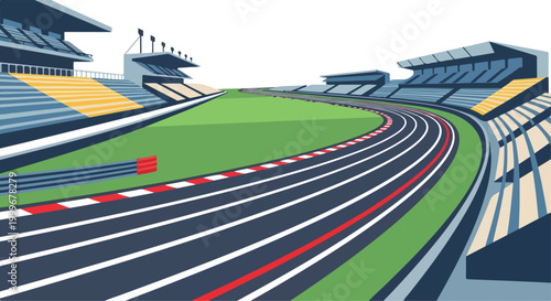 Modern outdoor sports stadium with a running track and spectator stands under a clear sky