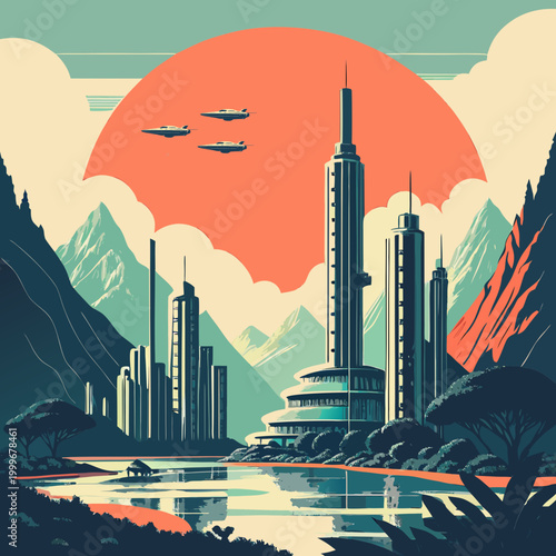 Foto Sci-Fi Urban Landscape with Towering Skyscrapers and Sunset - Retro Futuristic C