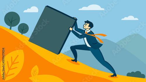 Illustration of a professional struggling to move a weight up a hill. Concept for overcoming challenges, hard work, determination, and professional endurance.