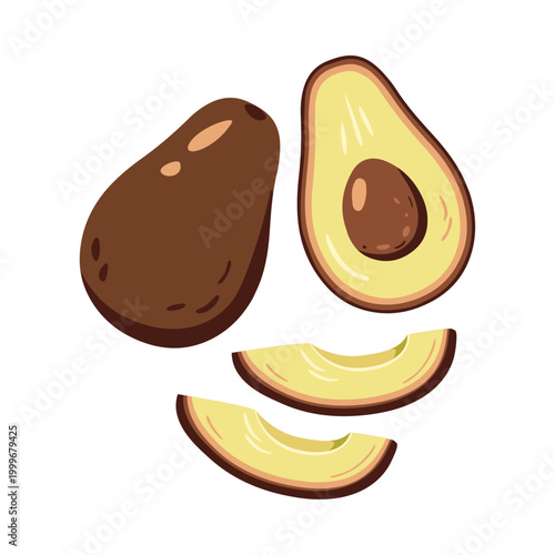 Hass avocado whole, half with seed and slices. Vector illustration of fresh fruit isolated on white background. Food ingredient for healthy dishes.