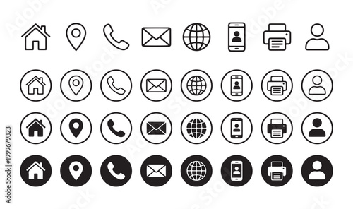 Contact information icon set for business card and website, minimalist line and solid web symbols, communication vector collection