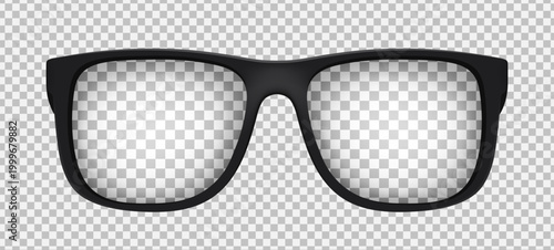Realistic black modern style Vision glasses mockup isolated on transparent background. Sunglasses, frame, lens, vintage eyeglasses in front view. Vector illustration
