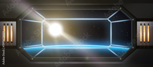 Blue glowing planet horizon with sun in deep space view from spaceship abstract concept. Cosmos, galaxy deep space concept. Vector illustration