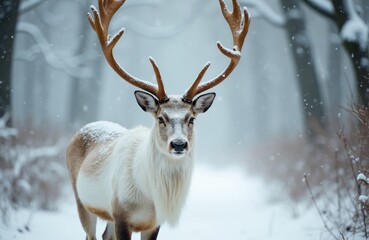 Majestic reindeer with large antlers stands in snowy forest during snowfall. A wild animal with brown fur and white mane looks forward. Winter nature scene shows isolated cervid in cold weather.