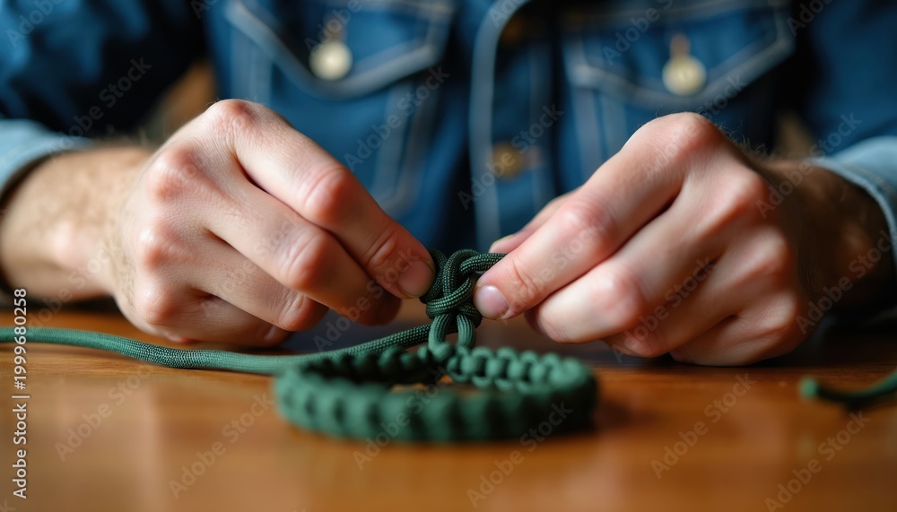 Obraz premium Man ties green paracord bracelet with busy fingers. He crafts handmade accessory on wooden table. Skillful hobbyist works indoors with warm natural light.