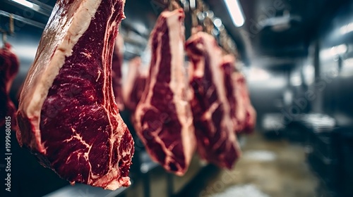 Fresh red beef cuts with visible fat and bone hanging from hooks in a cold storage room, close up detail showing commercial butchery quality and refrigerated supply