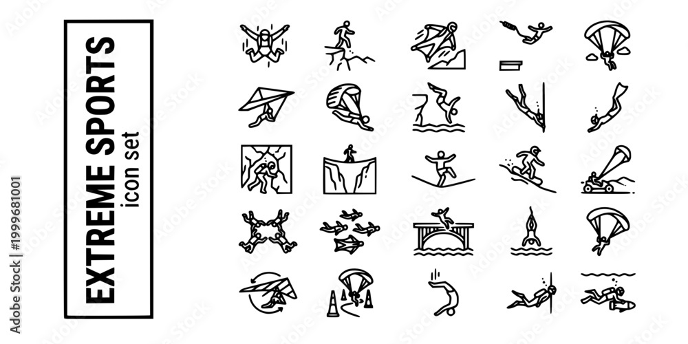 Naklejka premium Extreme Action Sports Bold Line Icons-Skydiving BASE Jumping Wingsuit Bungee Paragliding Freediving Highlining Volcano Boarding Kite Buggy-25 Extreme Sports Icon Set Vector