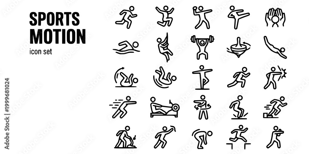 Fototapeta premium Sports Action Motion Bold Line Icons-Running Jumping Throwing Kicking Catching Swimming Climbing Lifting Diving Spinning Striking-25 Sports Motion Icon Set Vector