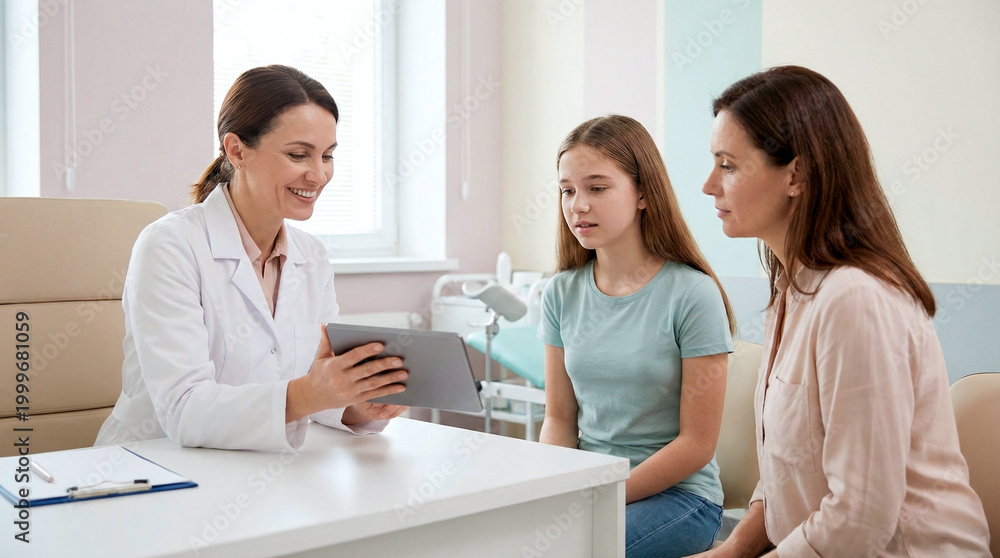 Fototapeta premium Doctor shows tablet to mother and daughter during medical consultation in clinic