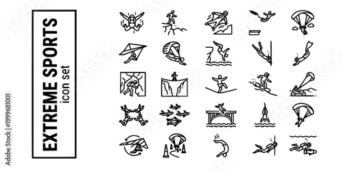 Extreme Action Sports Bold Line Icons-Skydiving BASE Jumping Wingsuit Bungee Paragliding Freediving Highlining Volcano Boarding Kite Buggy-25 Extreme Sports Icon Set Vector