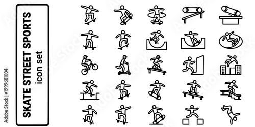 Skateboarding Street Sports Bold Line Icons-Kickflip Heelflip Nosegrind Bluntslide Manual Ollie BMX Scooter Parkour Freerunning-25 Skate Street Icon Set Vector