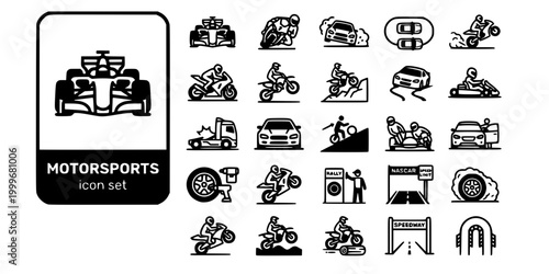 Motorsports Racing Bold Line Icons-Formula One MotoGP Rally NASCAR Drag Racing Superbike Motocross Speedway Karting Sidecar Enduro-25 Motorsports Icon Set Vector