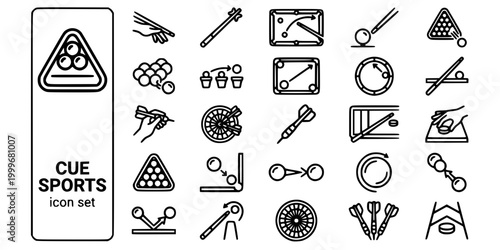 Billiards Cue Sports Bold Line Icons-Pool Snooker Carom Billiards Nine-Ball Eight-Ball Trick Shot Darts Masse Jump Shuffleboard-25 Cue Sports Icon Set Vector