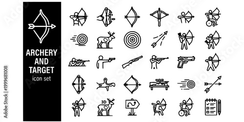 Archery Target Sports Bold Line Icons-Recurve Compound Longbow Crossbow Paralympic Flight 3D Bullseye Rifle Pistol Shotgun Air-25 Archery Icon Set Vector