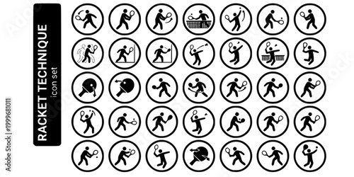 Racket Sport Technique Bold Line Icons-Tennis Forehand Backhand Squash Badminton Table Tennis Pendulum Serve Smash Volley Lob-25 Racket Technique Icon Set Vector